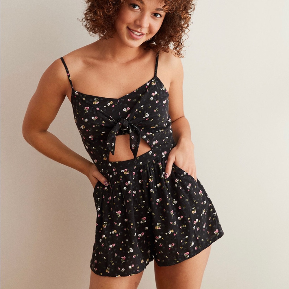 Aerie Black Floral Tie Front Romper - New!